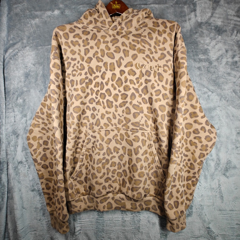 Comfrt Leopard Print Hoodie Tan Brown Fleece Pullover Relaxed Fit Small
